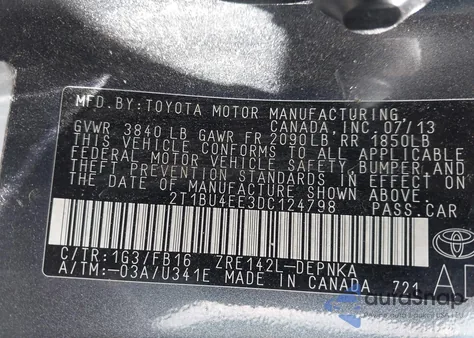 2013 Toyota Corolla Le из США, поврежденный, VIN 2T1BU4EE3DC124798